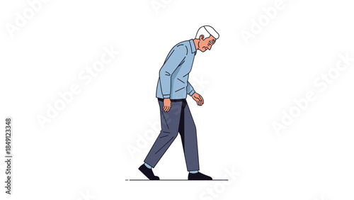 Elderly Man Walking with Head Down in Casual Attire