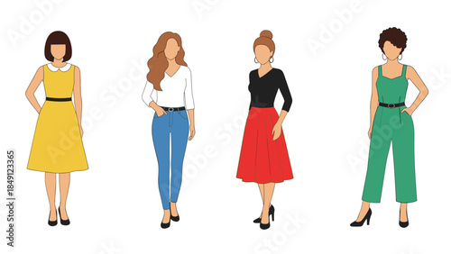 Four Women in Colorful Casual Outfits Standing in a Row
