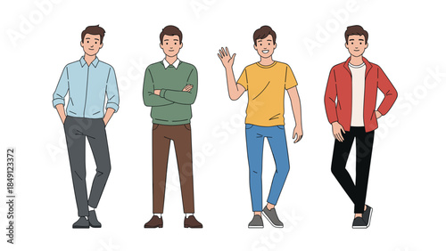 Four Casual Men Standing in a Row, Diverse Outfits and Gestures