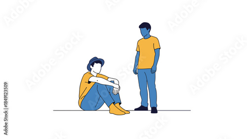 Man Comforting Sitting Woman in Minimalist Illustration