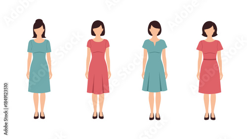 Four Women in Colorful Dresses Standing in a Row