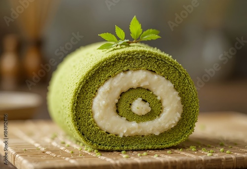 Close-up of Japanese-style matcha roll cake — delicate sponge, light cream filling, bamboo mat accents, soft zen atmosphere.