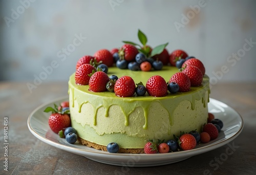 Studio shot of matcha cream cake with berries — bright red strawberries contrasting green tones, elegant festive plating.