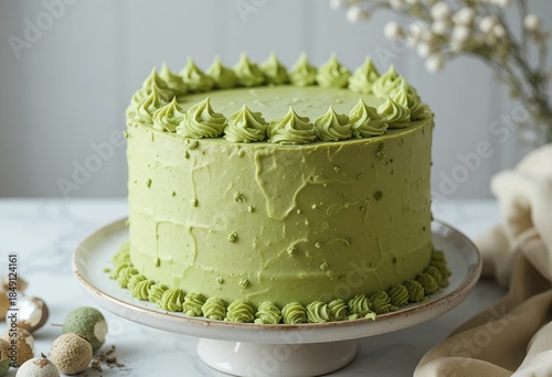 Elegant matcha layer cake — smooth matcha frosting, minimal Japanese-inspired styling, soft natural light.