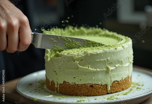 Matcha cake preparation scene — slicing fresh cake, knife cutting through soft green layers, dynamic action shot.