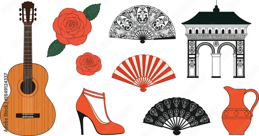 Obraz premium Collection of traditional Spanish cultural icons including classical guitar flamenco hand fans red high heel shoe and Mediterranean architecture isolated on white.