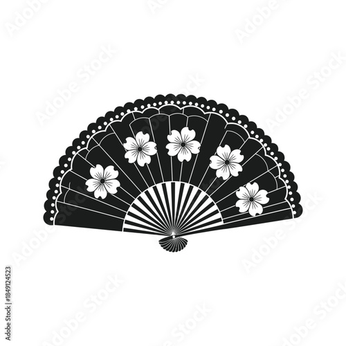 Elegant black hand fan with white cherry blossoms