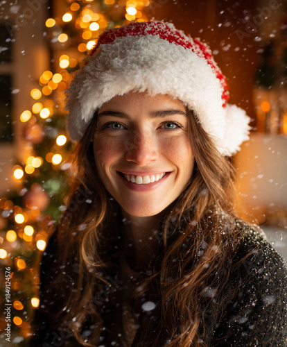 Smiling woman in santa hat with falling snow and festive lights in cozy interior, joyful christmas portrait for holiday marketing, seasonal banners, greeting cards, social media and winter advertising