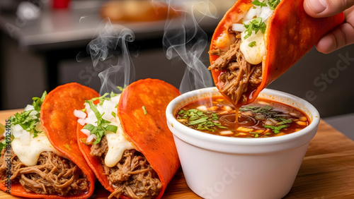 Delicious birria tacos with melted cheese and herbs next to a steaming bowl of birria soup on a wooden table in a kitchen