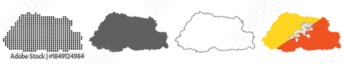 Bhutan Map Set with Dot, Silhouette, Outline and Flag Vector