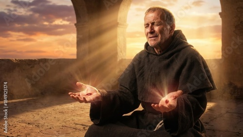 Old man monk displaying stigmata wound in hands with pain and faith. Concept of religious devotion and spiritual experience.