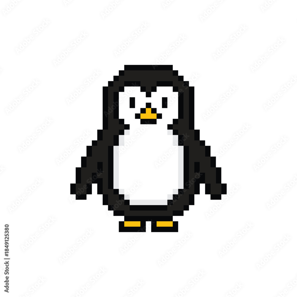 Naklejka premium pixel art penguin 8 bit vector icon for computer game logo