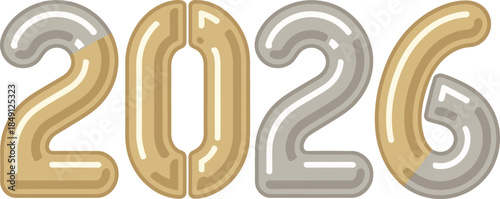 Modern 2026 numerals with gradient effect in gold and silver colors isolated on transparent background