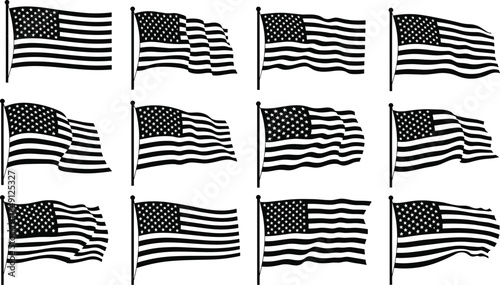 Waving American Flags Silhouette Set: Black and White United States Flag Collection on Flagpoles, Different Wind and Motion Effects Vectors