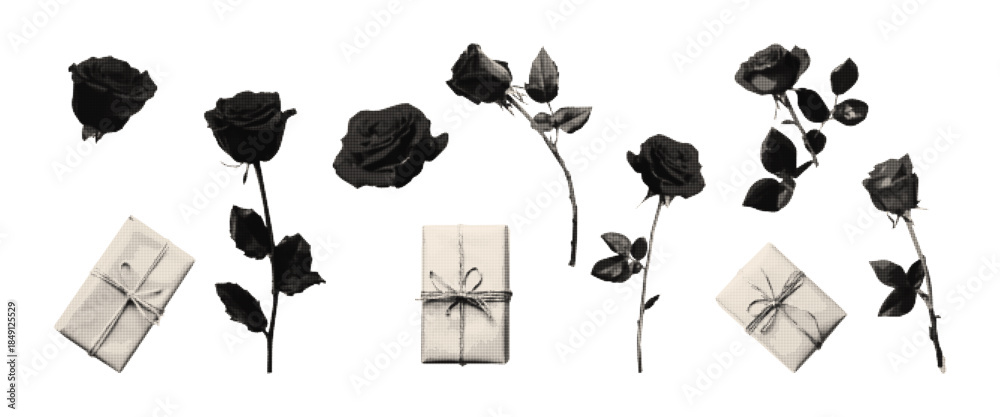 Fototapeta premium Retro elements with roses halftone effect for creating collage. Gift box grunge stippling grain texture. Trendy aesthetic vector illustration for poster design, t shirt, print.