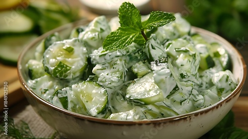 Close up of a bowl filled with cucumber salad topped with fresh mint and creamy white dressing