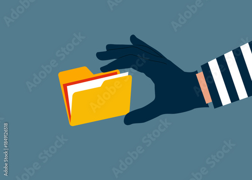 Thief stealing files data, burglar hand with folder. Fraud, Hacking and Cyber Crime. Organizing file and document in database. Modern vector illustration in flat style