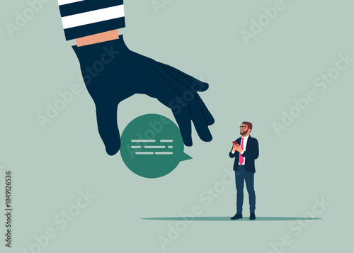 Thief stealing speech bubbles, burglar hand with message. Hacking and Cyber Crime. Cyber security and phishing concept. Modern vector illustration in flat style