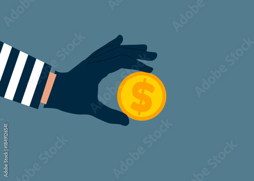 Thief stealing dollar coin, burglar hand with money. Money budget theft and mistake cost steal expensive coin. Finance risk problem. Modern vector illustration in flat style