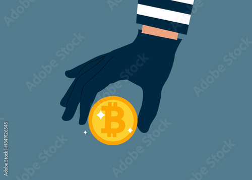 Thief stealing bitcoin, burglar hand with money. Fraud and failure business. Modern vector illustration in flat style