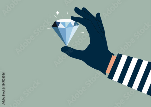 Thief stealing jewelry, burglar hand with diamond. Fraud and failure business. Finance risk problem. Modern vector illustration in flat style