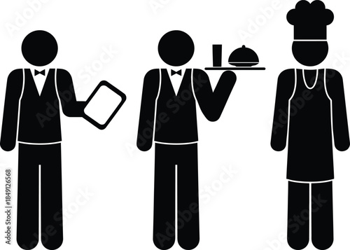 Restaurant service team with waiter, server, and chef icons