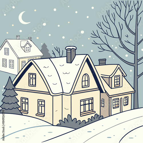 Snow Covered Rooftops In Small Town