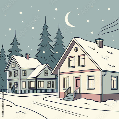 Snow Covered Rooftops In Small Town