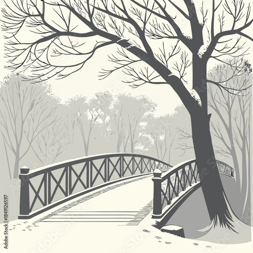 Snow Covered Bridge In Winter Fog