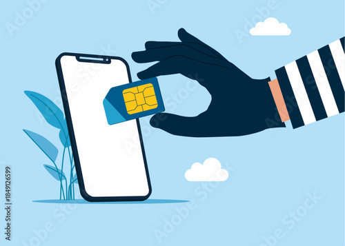 Thief mobile sim card , burglar hand with microcircuit. Modern vector illustration in flat style