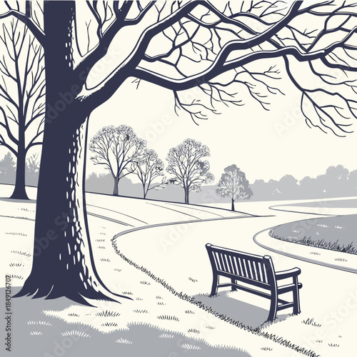 Snowy Park With Empty Bench