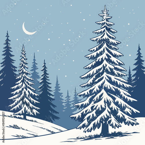 Snowy Pine Trees With Blue Winter Light