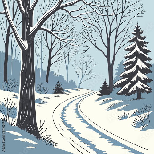 Snowy Road Through Winter Forest