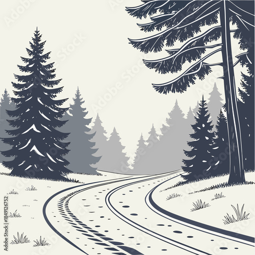 Snowy Road Through Winter Forest