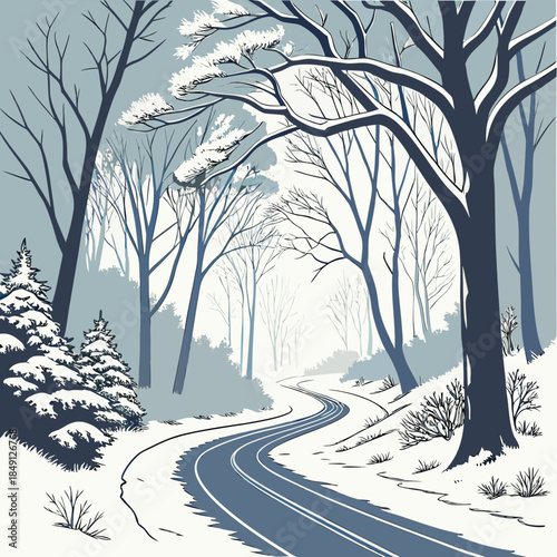 Snowy Road Through Winter Forest