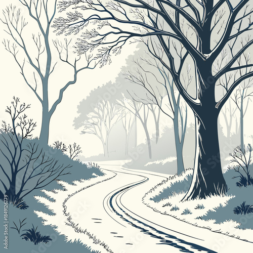 Snowy Road Through Winter Forest