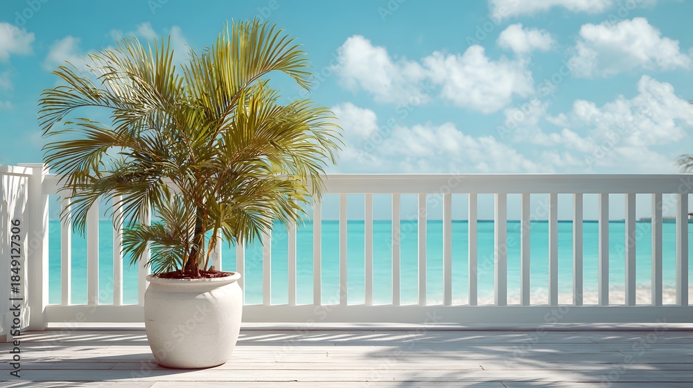 Obraz premium Tropical Palm Tree on a Balcony Overlooking the Ocean.