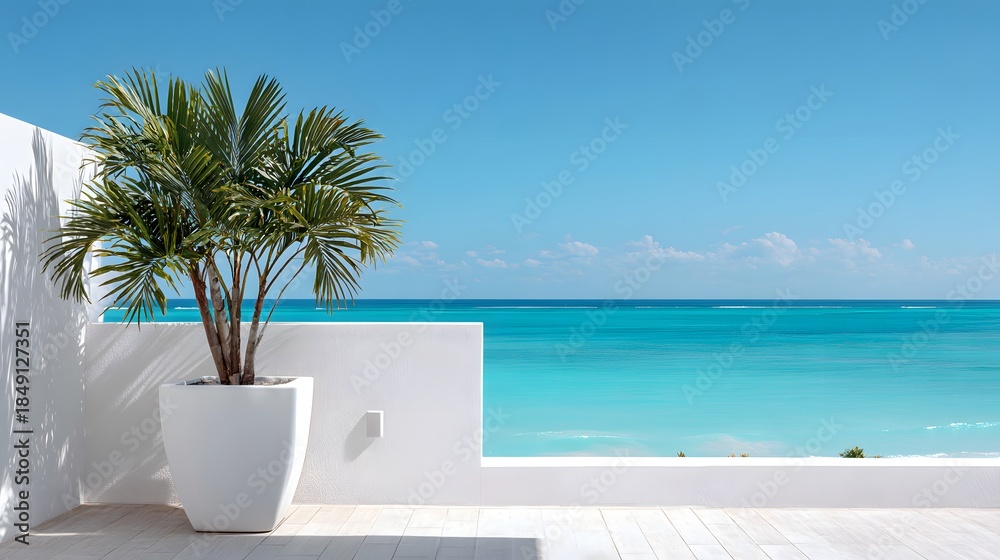 Obraz premium Tropical Paradise Balcony Overlooking Turquoise Ocean Waters.