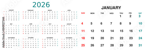 Monthly calendar layout for 2026 year. Diary planner for 2026 year. Week Starts on Sunday.