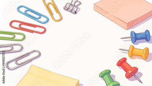 Colorful office supplies on white background