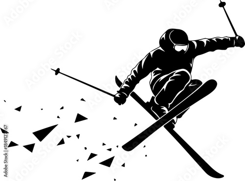 Downhill Alpine Skier Action Silhouette in High-Speed Slalom