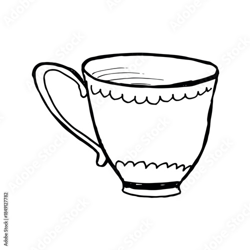 Hand drawn line art tea mug with a cute small pattern. Cozy doodle cup illustration in minimal sketch style for cafe branding, kids design, stationery, stickers, cozy lifestyle and slow living visuals