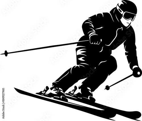 Downhill Alpine Skier Action Silhouette in High-Speed Slalom