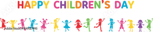 Colorful Banner for Happy Childrens Day Featuring Row of Joyful Multicolored Stick Figure Kids Dancing and Celebrating on White Background