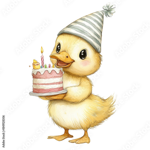 Happy Duckling Birthday Celebration Scene on transparent background