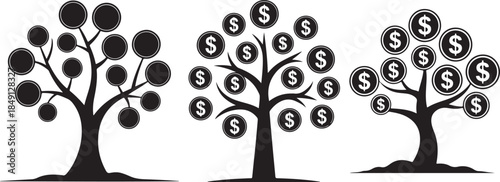 Set of Money Tree with Coins Silhouette Vector