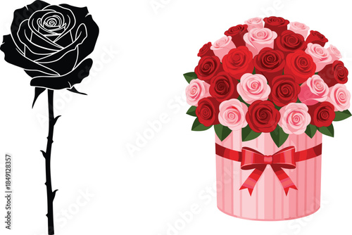 Elegant round pink hatbox filled with red and pink roses and a long stemmed black silhouette rose isolated on white background vector.
