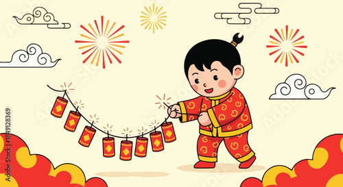 A cheerful young boy in a traditional red outfit holds a string of lanterns with festive clouds and fireworks in the background, conveying a joyful and celebratory mood with vibrant colors.