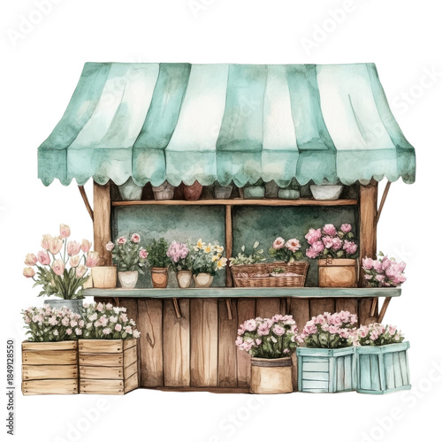 Whimsical Flower Stand with Awning on transparent background