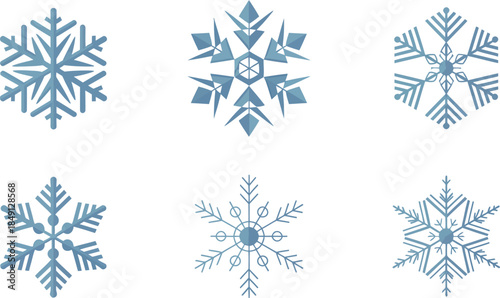 Set of five different blue frozen winter snowflakes transparent background design element for christmas